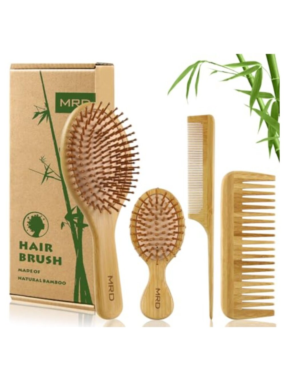 Bamboo Hair Brush Set 4-Piece Paddle Comb Detangling Massage Gift